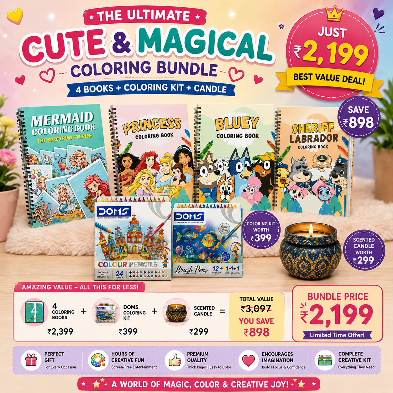 Cute & Magical Coloring Bundle ā 4 Books + Coloring Kit + Candle