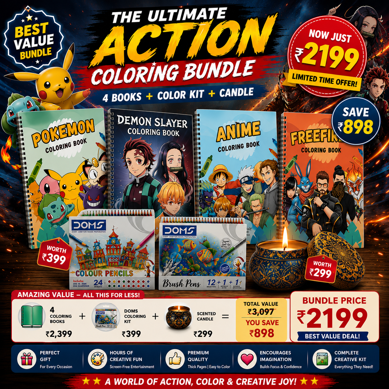 Ultimate Action Coloring Bundle ā 4 Books + Coloring Kit + Candle