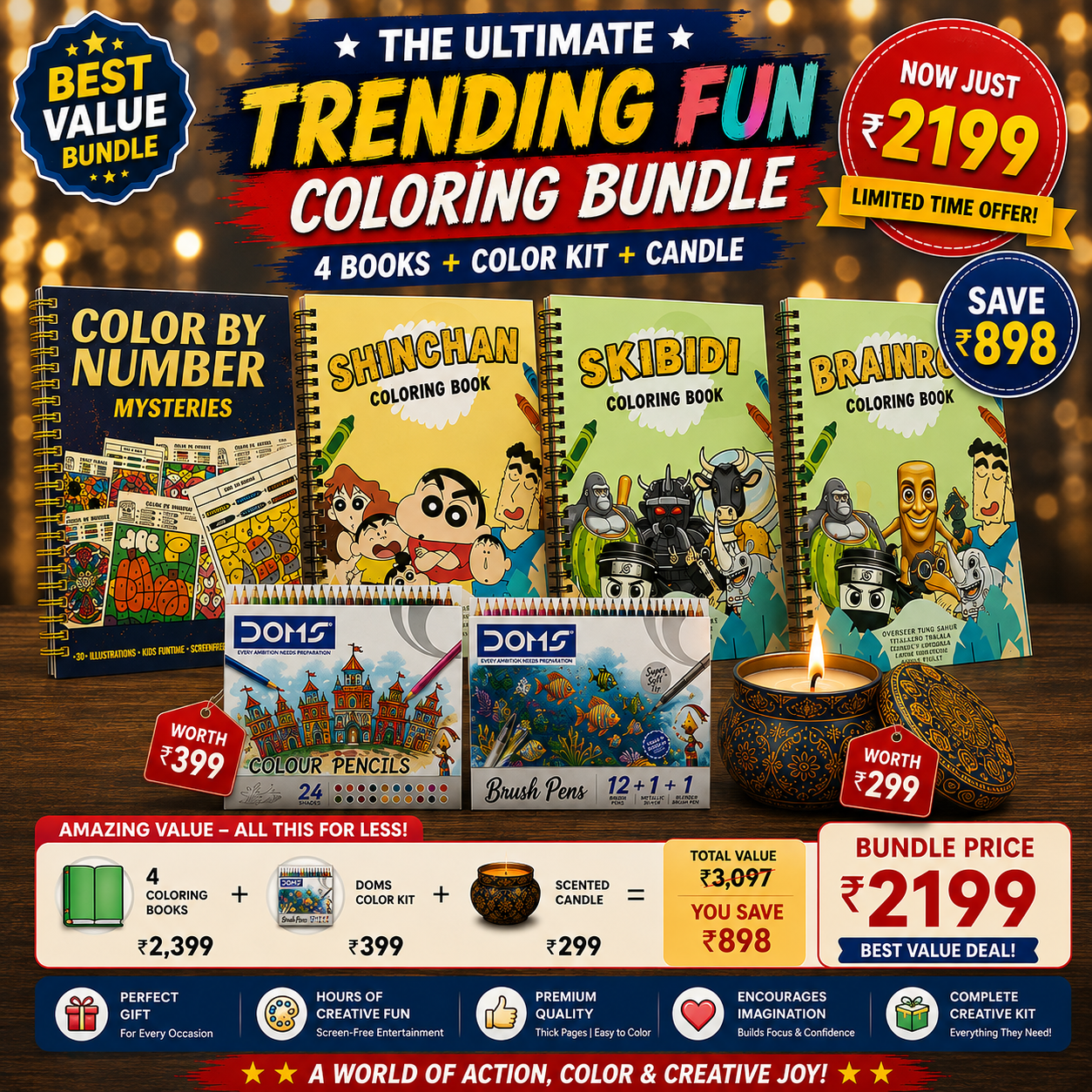 Trending Fun Coloring Bundle ā 4 Books + Coloring Kit + Candle
