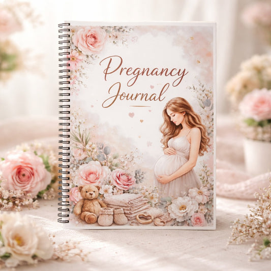 Pregnancy journal with a pregnant woman illustration surrounded by flowers and a teddy bear on a soft floral background.