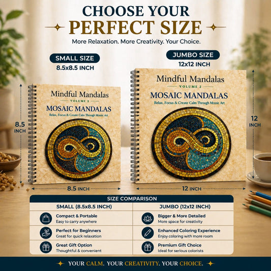 Two mindful mandala books with size comparison chart on a wooden surface.