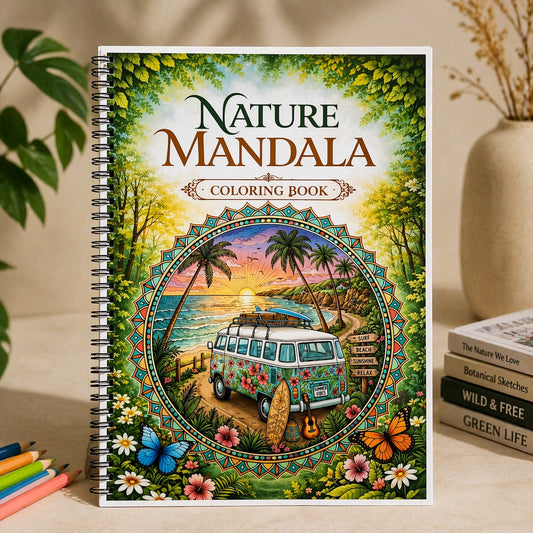 Nature Mandala coloring book with a van and beach scene on the cover, placed on a surface with plants and books.