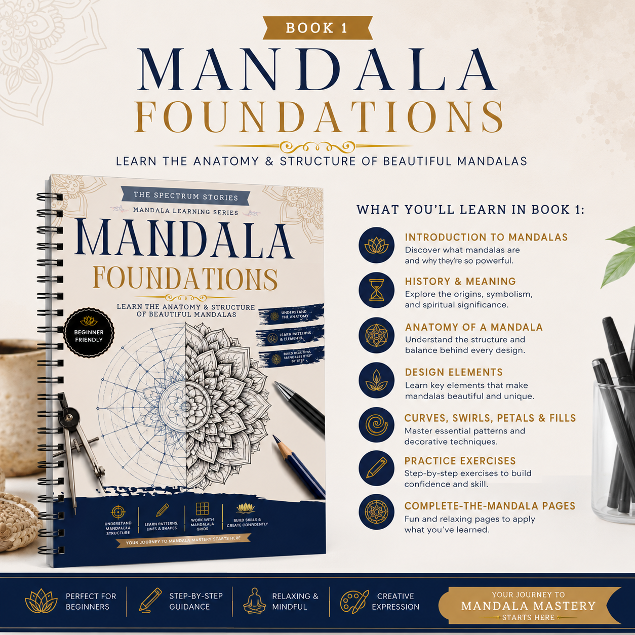 Book titled 'Mandala Foundations' with a spiral-bound design on a decorative background.