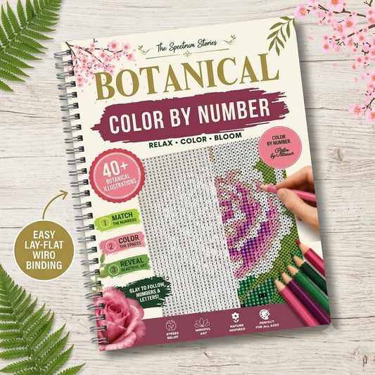 Botanical Color by Number spiral-bound activity book from The Spectrum Stories, styled on a light wood background with green leaves, pink blossoms, and colored pencils.
