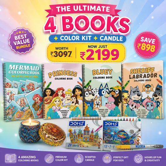 Cute & Magical Coloring Bundle – 4 Books + Coloring Kit + Candle