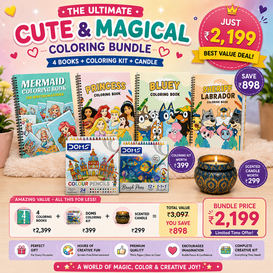 Cute & Magical Coloring Bundle – 4 Books + Coloring Kit + Candle