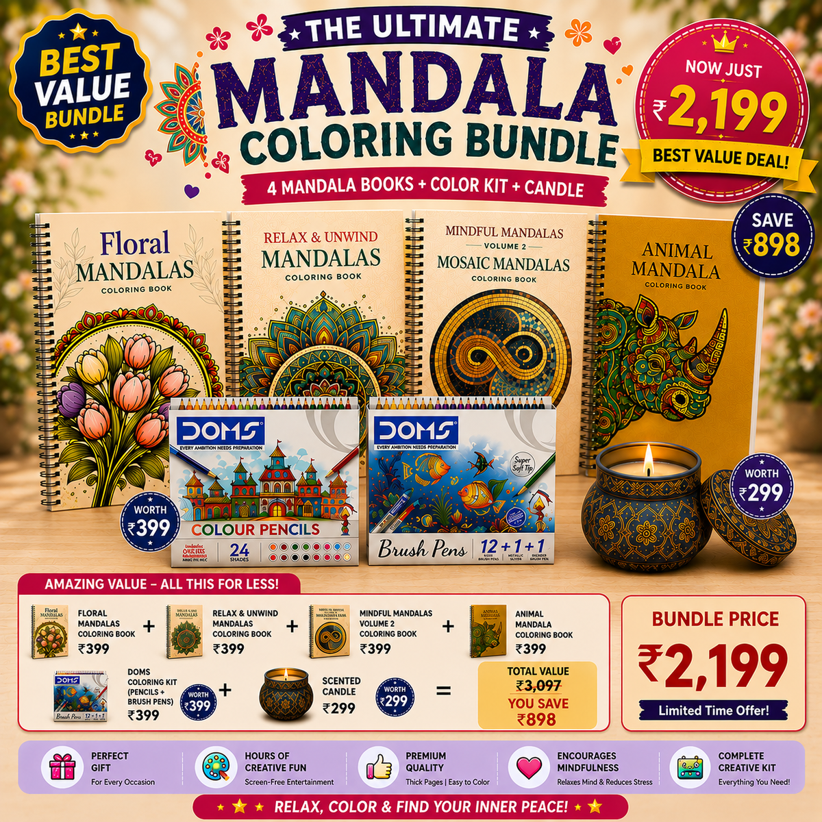 Mandala Coloring Bundle – 4 Books + Coloring Kit + Candle