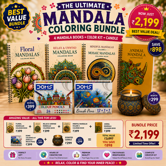 Mandala Coloring Bundle – 4 Books + Coloring Kit + Candle