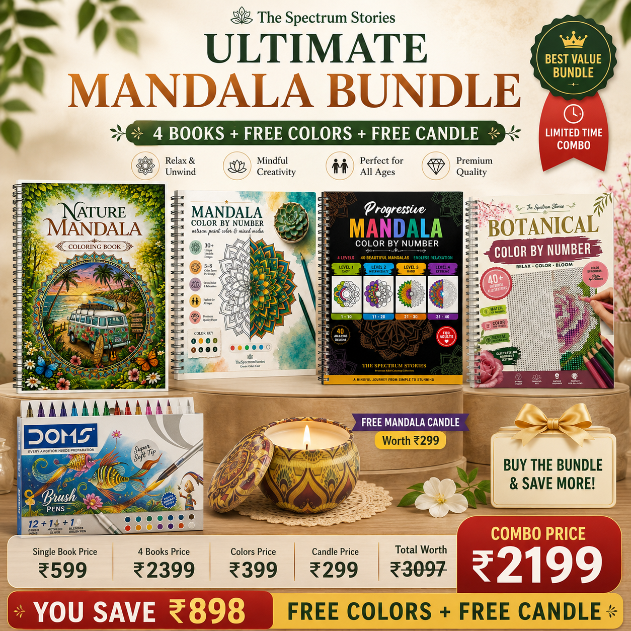 Color by numbers mandalas Coloring Bundle – 4 Books + Coloring Kit + Candle