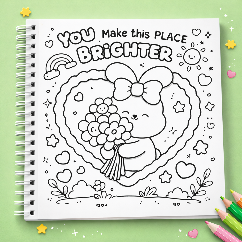 Coloring book with a cute illustration of a character holding flowers and text 'You Make this Place Brighter' on a green back