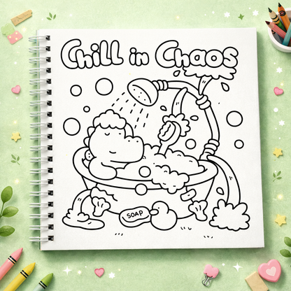 Coloring book page with a cartoon frog taking a bath and 'Chill in Chaos' text, surrounded by stationery items on a green bac