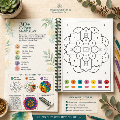 Coloring book with mandala designs on a wooden surface with plants and pencils.