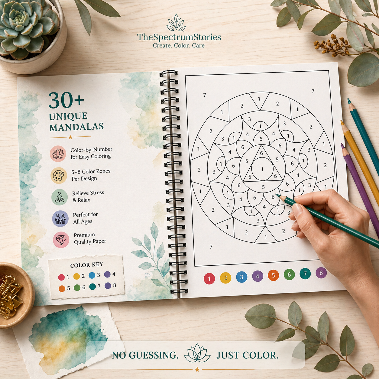 Coloring book with mandalas and a hand holding a pen on a wooden surface with plants.