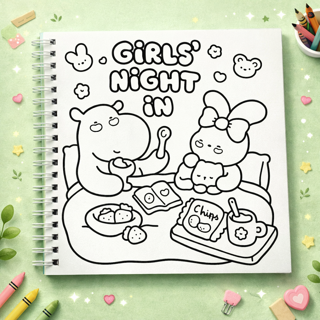 Coloring book page with cartoon characters and 'Girls' Night In' text on a green background with decorative elements.