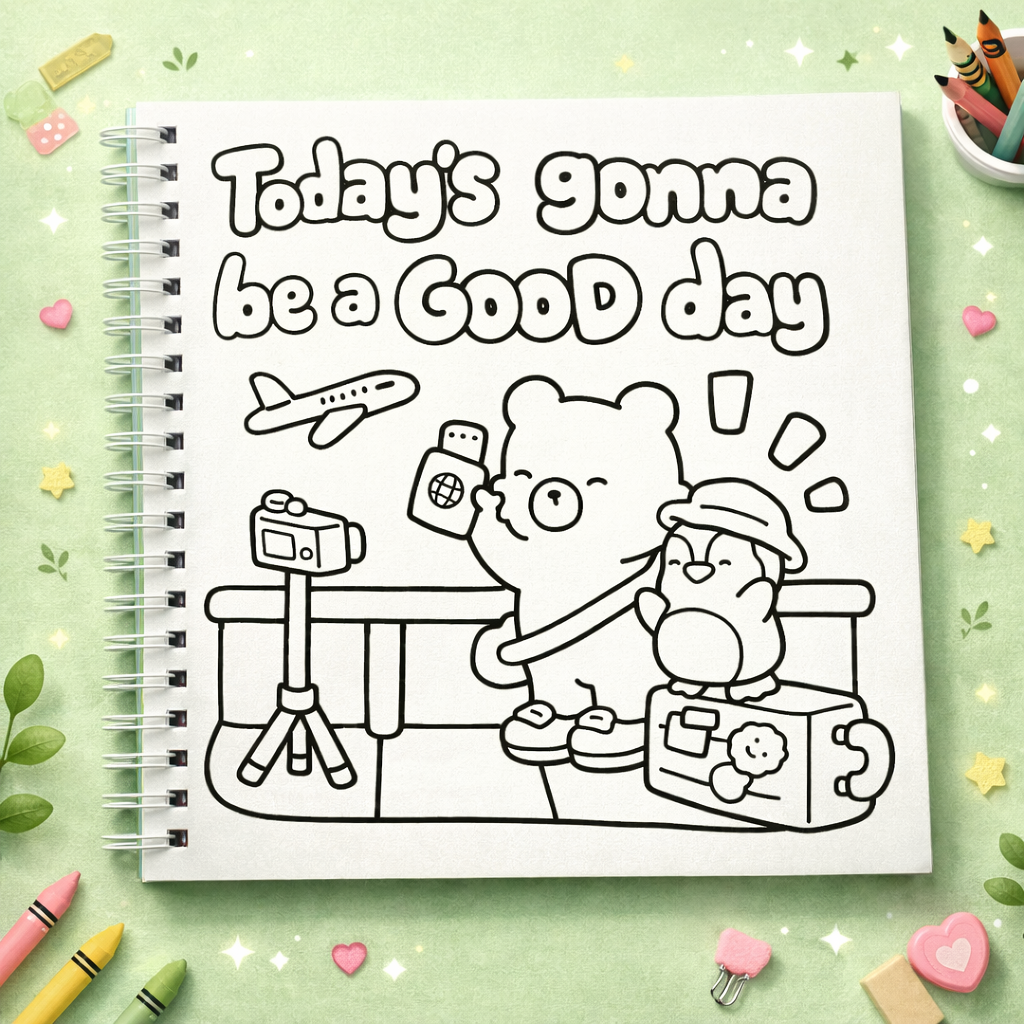 Coloring book page with cartoon characters and text 'Today's gonna be a good day' on a green background with stationery items