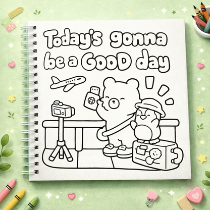 Coloring book page with cartoon characters and text 'Today's gonna be a good day' on a green background with stationery items