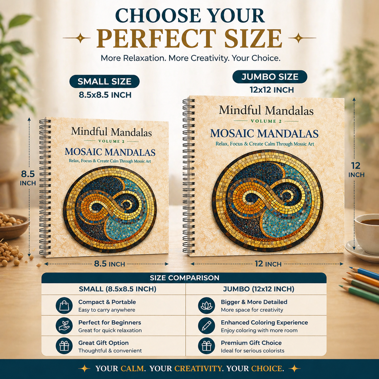 Two Mindful Mandalas books with size comparison chart on a wooden surface.