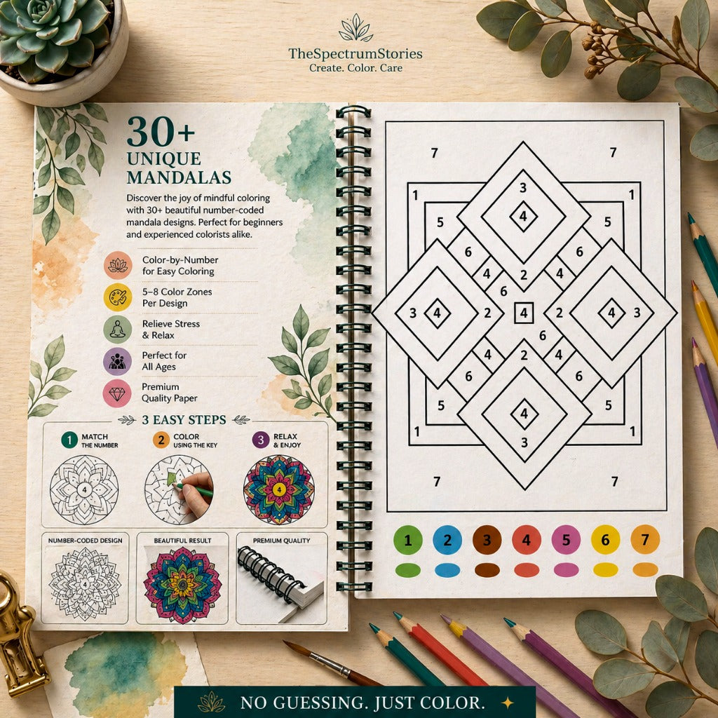 Coloring book with mandala designs on a wooden surface with coloring supplies.