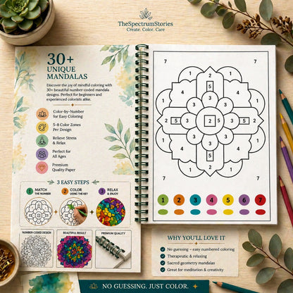 Coloring book with mandala designs on a wooden surface with pencils and a plant.