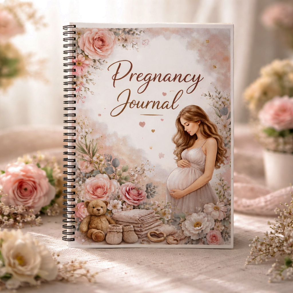Pregnancy journal with a pregnant woman illustration surrounded by flowers and a teddy bear on a soft background.