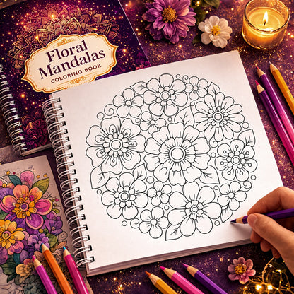 Coloring book with floral mandala design, surrounded by coloring pencils and flowers on a dark surface.