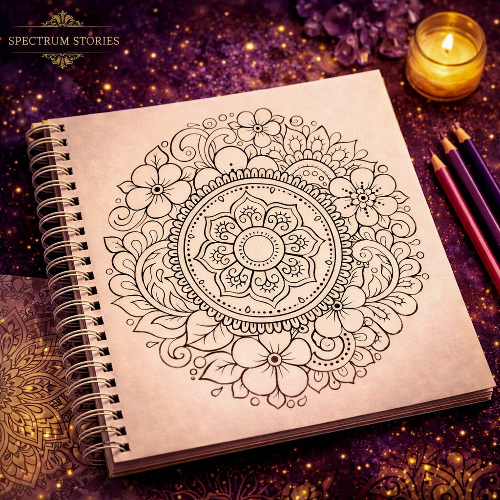 Mandala design on a notebook with candles and pencils on a dark background