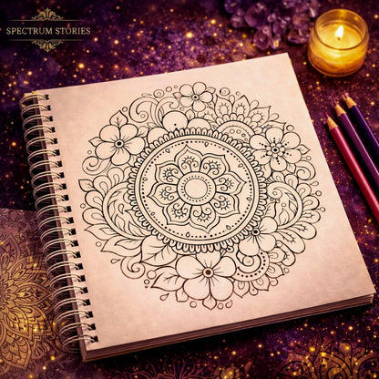 Mandala design on a notebook with candles and pencils on a dark background