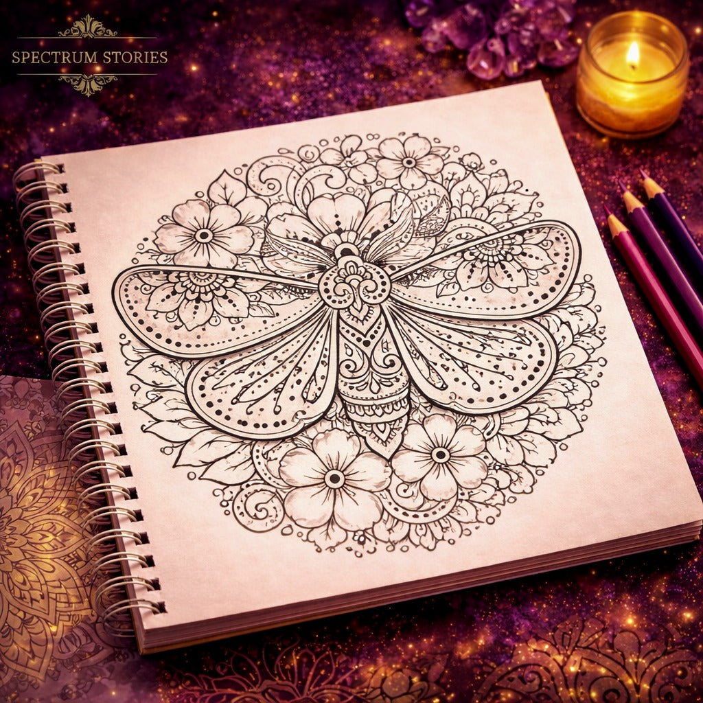 Coloring book with intricate butterfly design on a decorative background with candles and crystals.