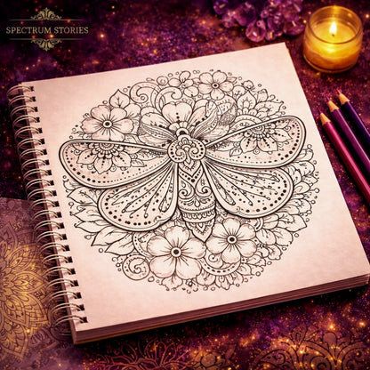 Coloring book with intricate butterfly design on a decorative background with candles and crystals.