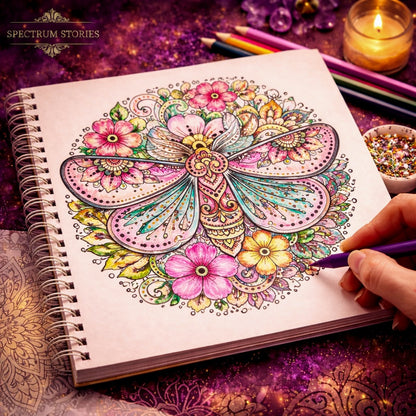 Coloring book with a butterfly design, colored pencils, and a candle on a decorative surface.
