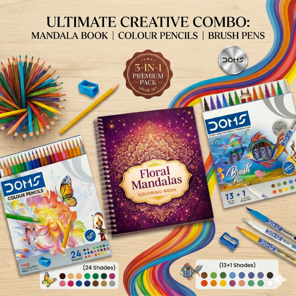 Ultimate creative combo with mandala book, color pencils, and brush pens on a wooden surface.