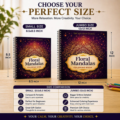 Two 'Floral Mandalas' coloring books with size comparison on a wooden surface.