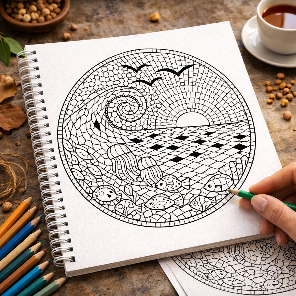 Coloring book with a mandala design on a table with coloring pencils and a cup of coffee.