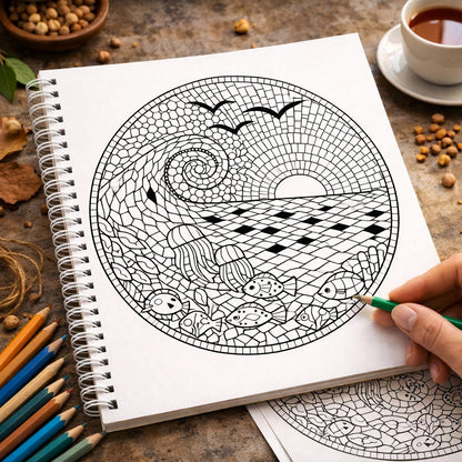 Coloring book with a mandala design on a table with coloring pencils and a cup of coffee.