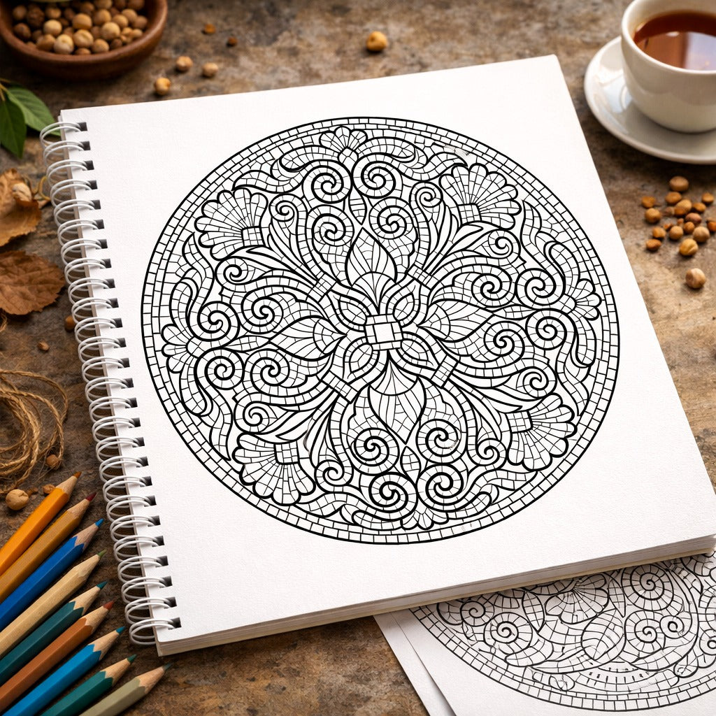 Coloring book with mandala design on a wooden table with pencils and coffee.