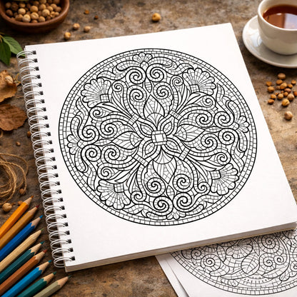 Coloring book with mandala design on a wooden table with pencils and coffee.