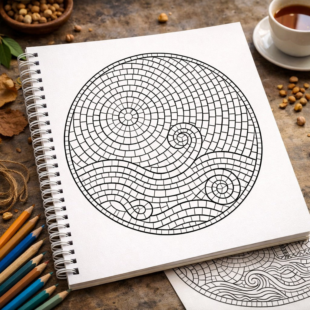 Spiral-bound notebook with a black and white geometric design on a wooden surface with pencils and a cup of coffee.