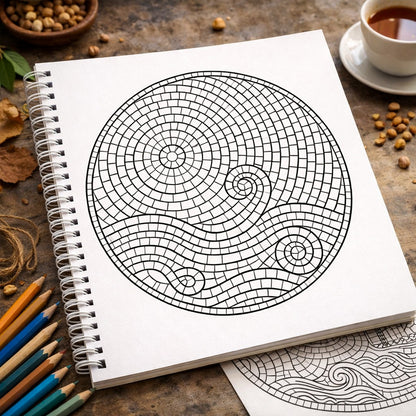 Spiral-bound notebook with a black and white geometric design on a wooden surface with pencils and a cup of coffee.