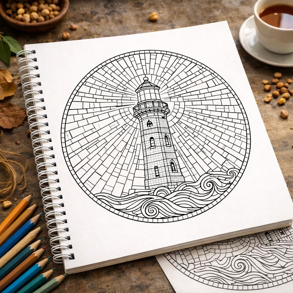 Coloring book with a lighthouse design on a wooden table with pencils and coffee.