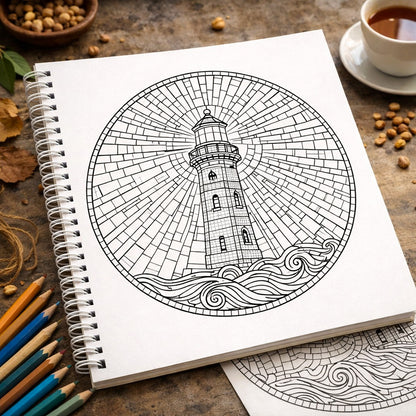 Coloring book with a lighthouse design on a wooden table with pencils and coffee.