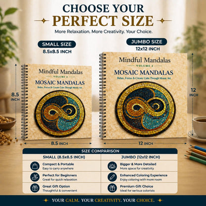 Two mindful mandala books with size comparison chart on a wooden surface.