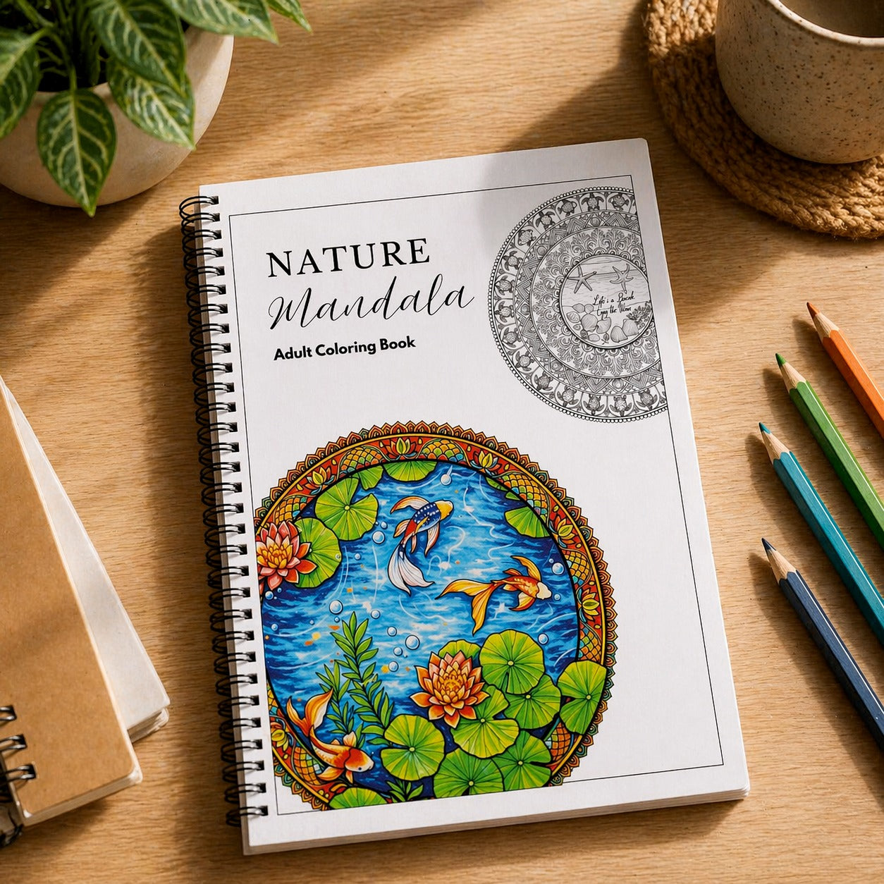 Nature Mandala coloring book on a wooden table with coloring supplies