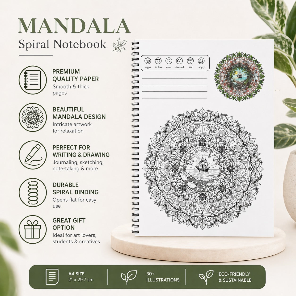 Spiral notebook with mandala design on a white background