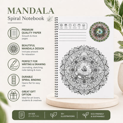Spiral notebook with mandala design on a white background