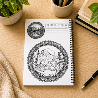 Notebook with nature-themed designs on a wooden surface with a pen and plant.