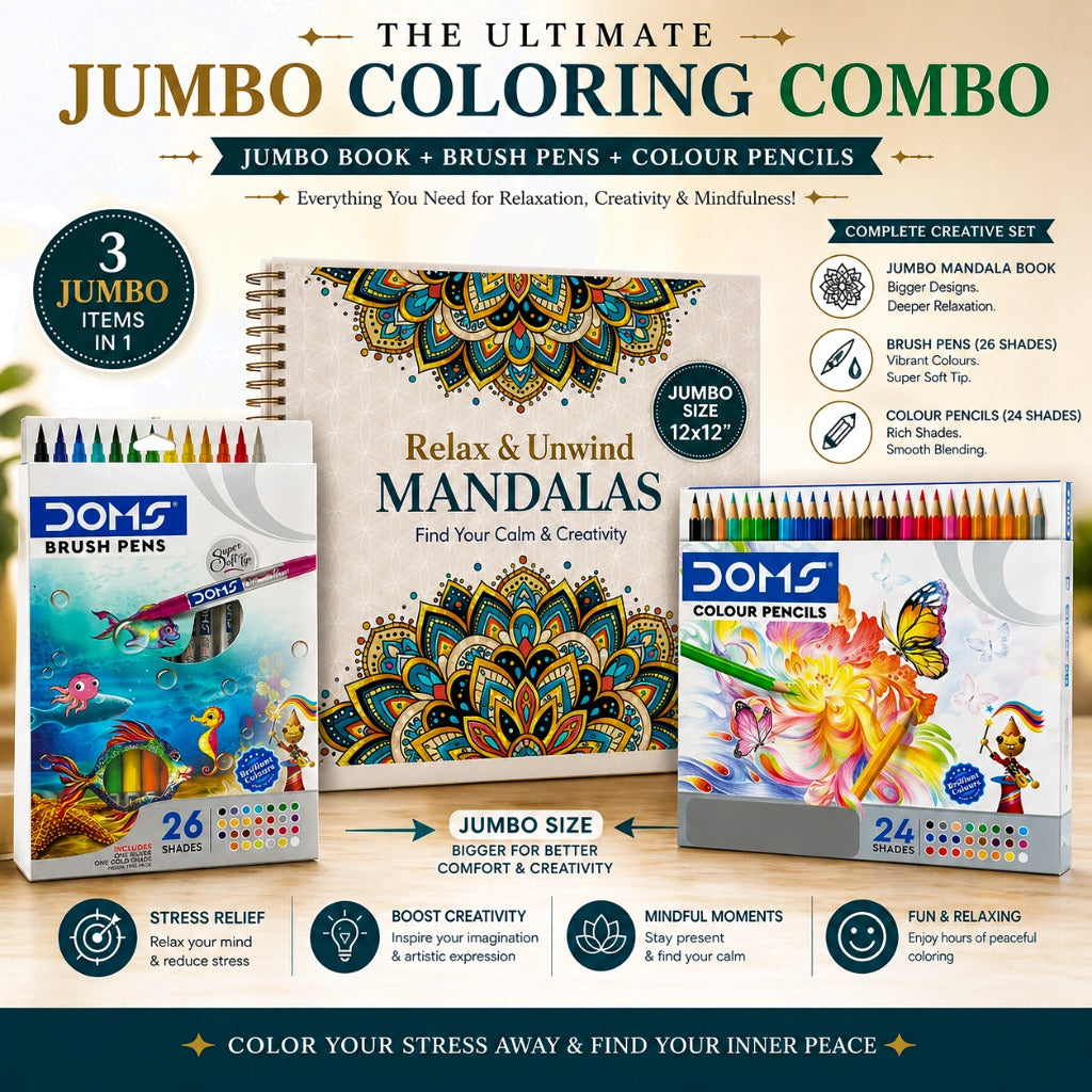 Jumbo coloring combo set with mandala book, brush pens, and color pencils on a wooden surface.
