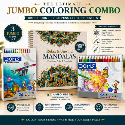 Jumbo coloring combo set with mandala book, brush pens, and color pencils on a wooden surface.