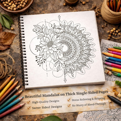 Coloring book with mandala design on a rustic surface with coloring supplies.