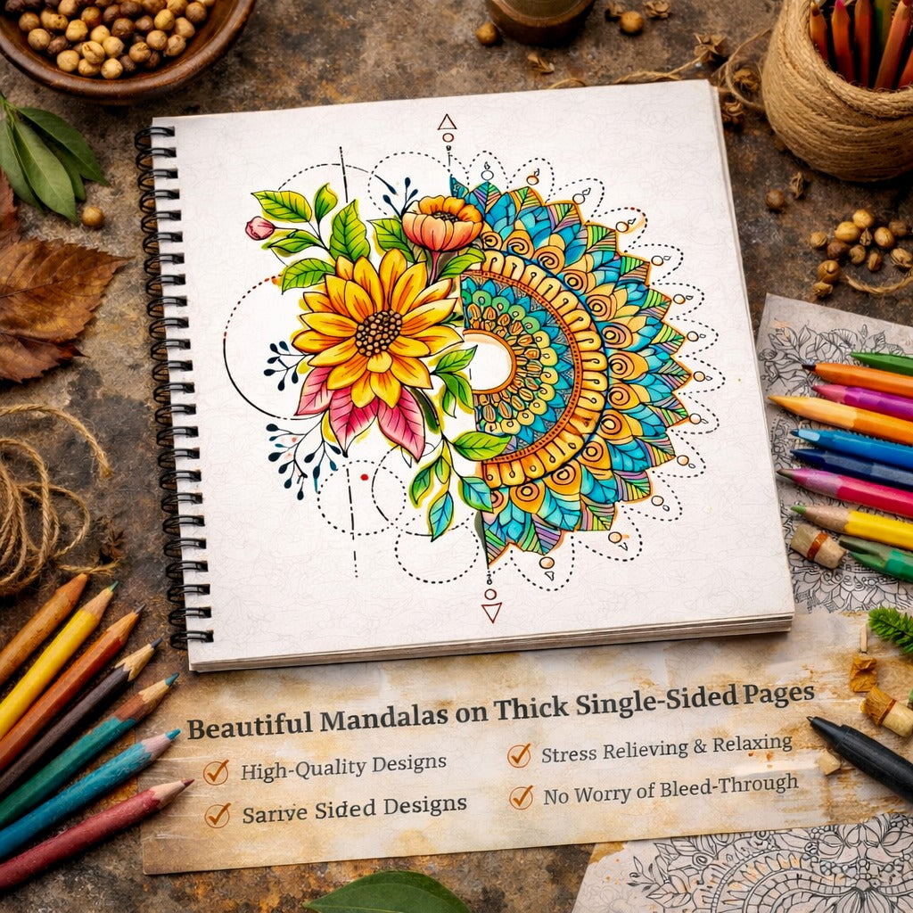 Coloring book with mandala design on a rustic surface with art supplies