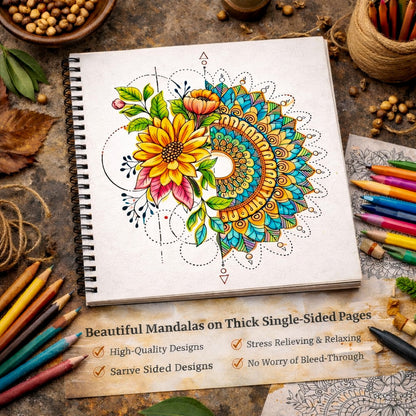 Coloring book with mandala design on a rustic surface with art supplies